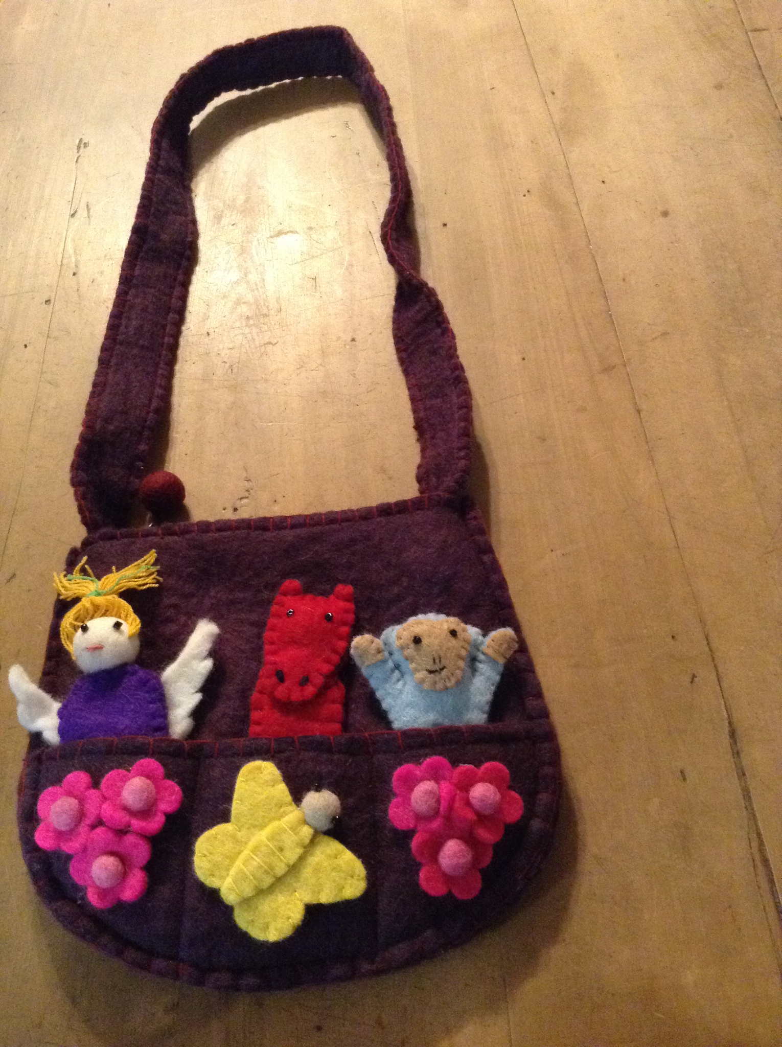 100 %  Wool Felt Finger Puppet Bag - deep purple